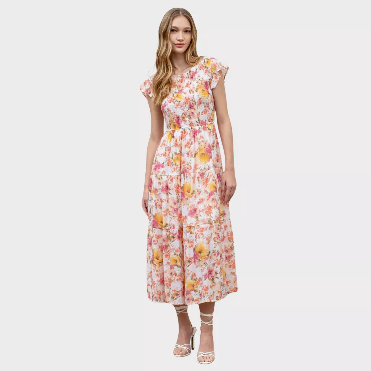 August Sky Women's Floral Smocked Ruffle Sleeve Tiered Midi Dress | Target