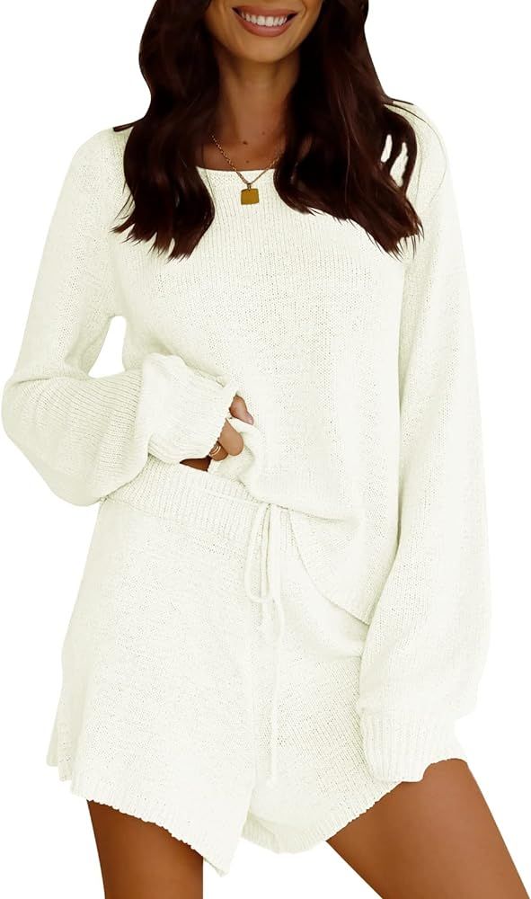 Womens 2 Piece Outfits Long Sleeve Knit Pajama Set Drawstring Waist Short Lounge Sets Casual Sweater | Amazon (US)