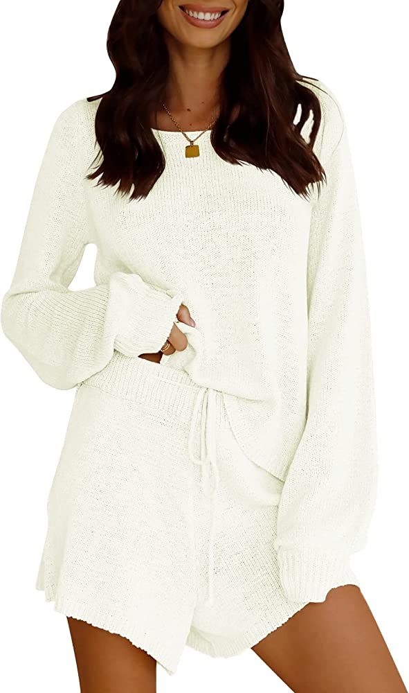 Womens 2 Piece Outfits Long Sleeve Knit Pajama Set Drawstring Waist Short Lounge Sets Casual Sweater | Amazon (US)
