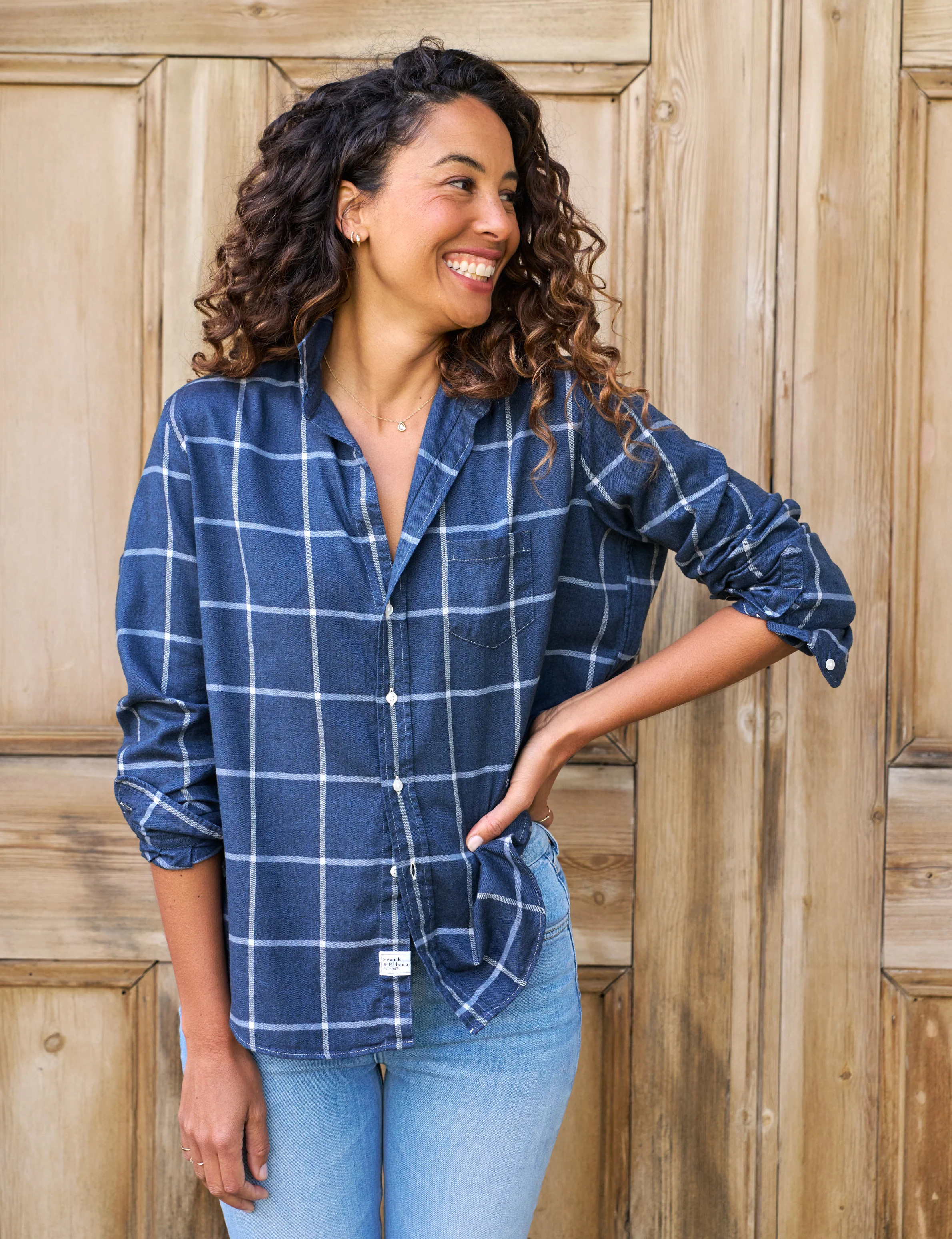 EILEEN Navy with Cream Windowpane, Flannel | Frank & Eileen