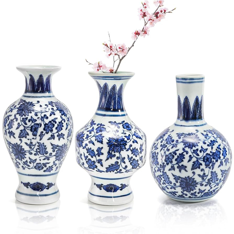 Goaste 3 Pack Small Blue and White Porcelain Vases, 5.5 Inch Tall Mini Vintage Vases, Classic Dec... | Amazon (US)