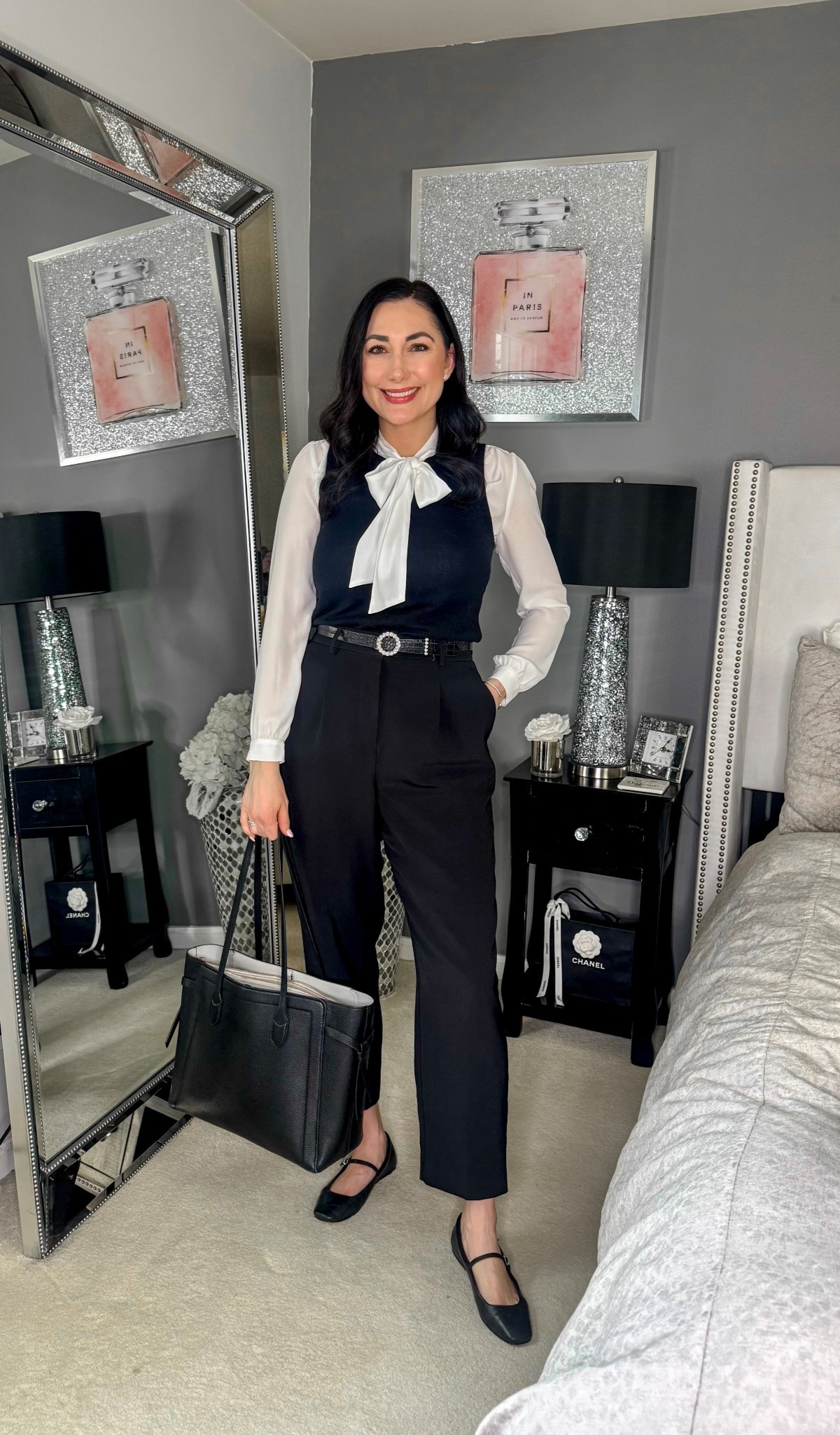 Classic business casual outfit 🖤🤍

White bow tie blouse 
Black sweater shell 
Black work pants 
Black Mary Jane flats 

Work wear 
Office outfit 
Work outfit 

#LTKSeasonal #LTKWorkwear