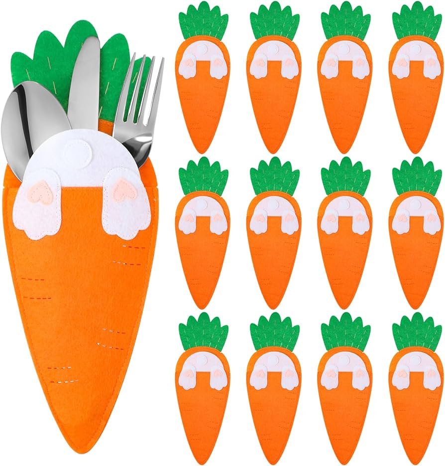 12 Pcs Easter Carrot Utensil Cutlery Holders Bag Felt Bunny Fork Cutter Pouches Silverware Pocket... | Amazon (US)