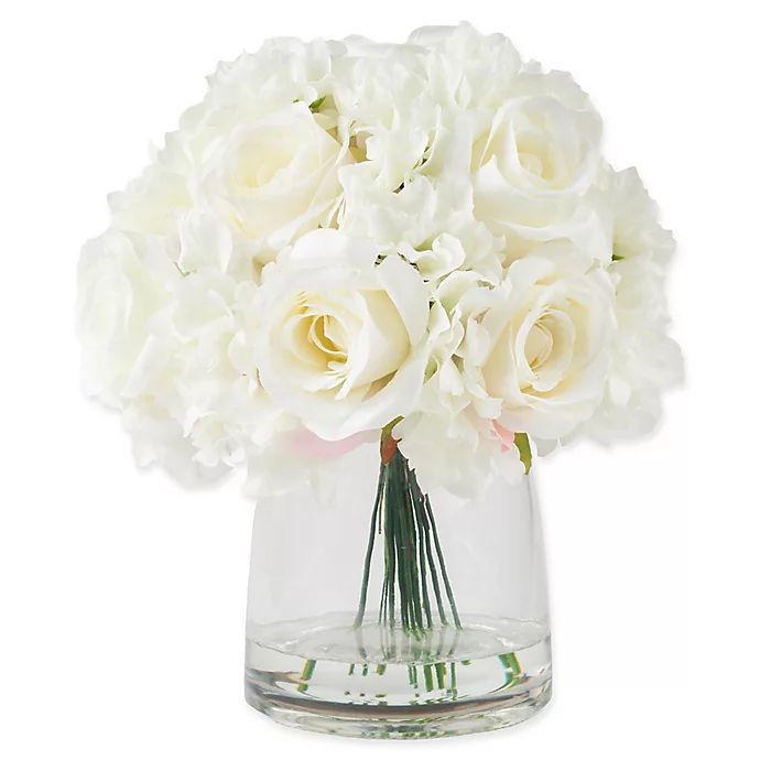 Pure Garden 11.5-Inch Hydrangea/Rose Artificial Arrangement in Cream with Clear Glass Vase | Bed ... | Bed Bath & Beyond