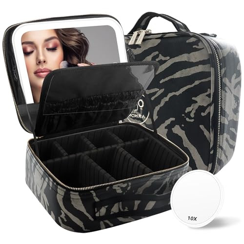 MOMIRA Makeup Train Case Makeup Bag with Light up Mirror Cosmetic Bag Organizer Detachable Portable Travel Makeup Case with Adjustable Dividers Makeup Brushes Storage, Waterproof,Zebra-Beige | Amazon (US)