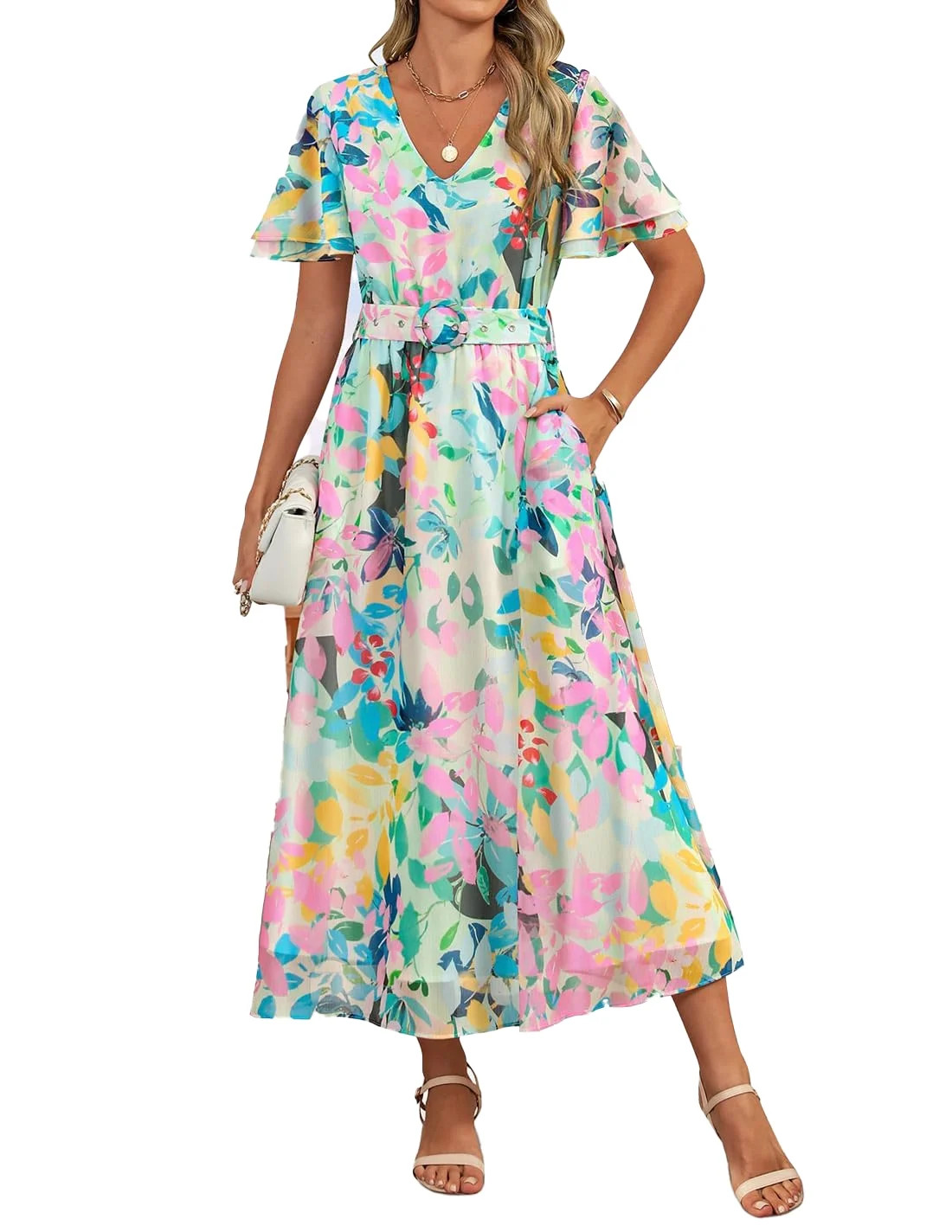 YOGAFOX Women Floral Short Sleeve V Neck Midi Dress with Belt Green L | Walmart (US)