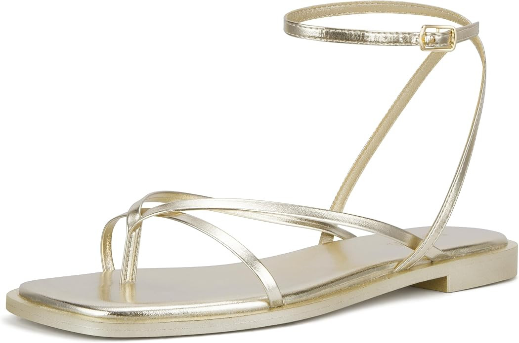Womens Flats Sandals Square Toe Strappy Ankle Strap Flats | Amazon (US)