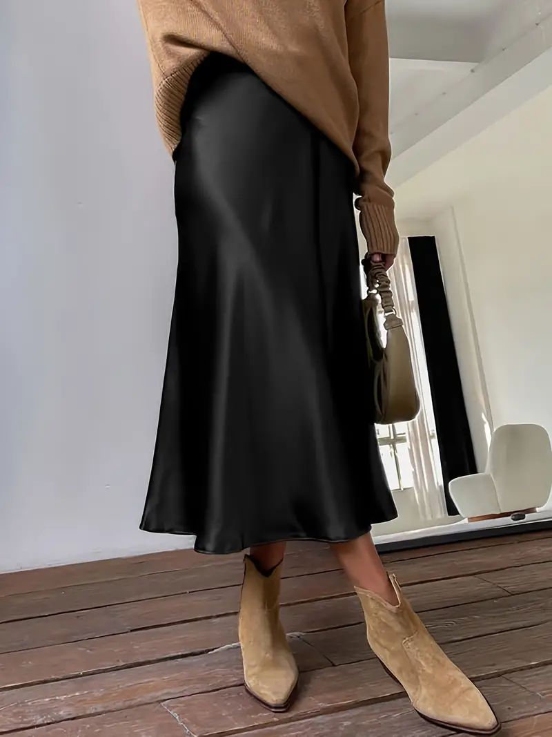Retro Satin Maxi Skirts Casual Solid High Waist Vintage - Temu | Temu Affiliate Program