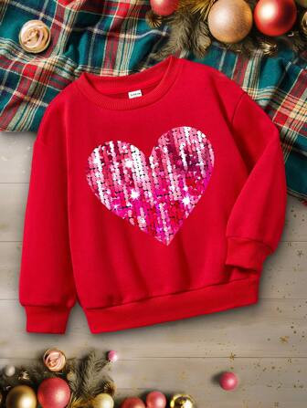 Young Girls' Casual Simple Heart Pattern Long Sleeve Round Neck Sweater, Suitable For Autumn And ... | SHEIN