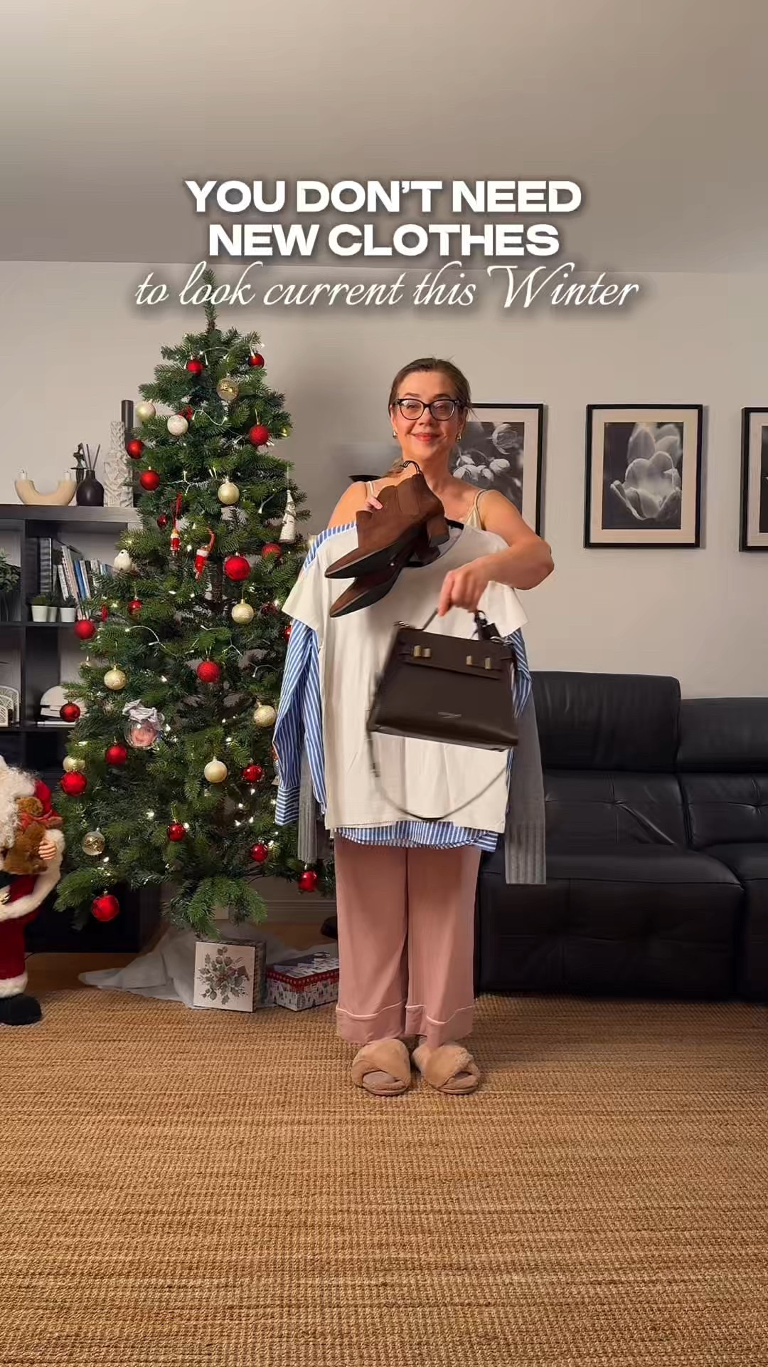 How to look current without buying new clothes.
You don’t need new trendy clothes to look current this winter. All the pieces I am wearing today I already have in my closet.

Start with a white tee and a pair of wide leg jeans that minimize my wide hips and elongate legs. Let’s tuck the shirt in for warmth since it’s winter. 
Next I am wearing a striped blue and white shirt under a soft grey knit — easy layers that look fresh.
Pin the sweater’s hem on a side to show a bit of shape. I am pairing the jeans with the sleek low heel ankle boots. 
The brooch and the jewelry elevate the whole look from plain to polished.
I am wearing the tailored coat and structured bag to add structure without feeling stiff. 

The unexpected color combo of blue, gray and brown looks fresh and makes the look current but still age appropriate.

How are you styling your winter outfits? Comment below ⬇️ 

Save for inspiration and share with a friend! Follow for more easy tips on style and beauty for women over 40.

#ShopYourClosetFirst
#StyleFormulasThatWork
#ClosetOverhaulTips
#WearWhatYouOwnWell
#EffortlessStyleOver40


#LTKwinter #LTKmidsize #LTKworkwear