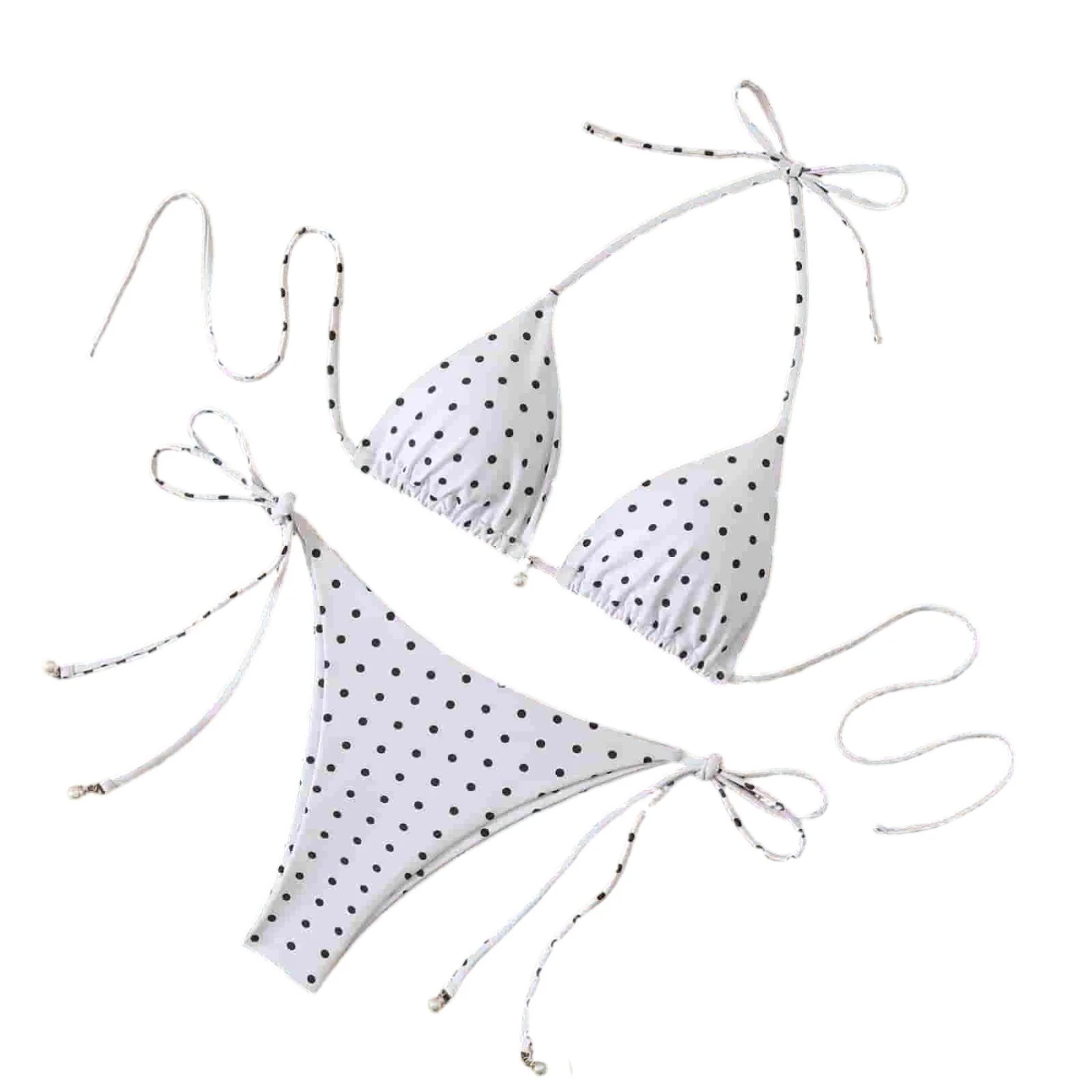 Women's Bikini Sets Polka Dots Print Bathing Suit Halter Triangle Tie Side Two Piece Swimsuit Whi... | Walmart (US)