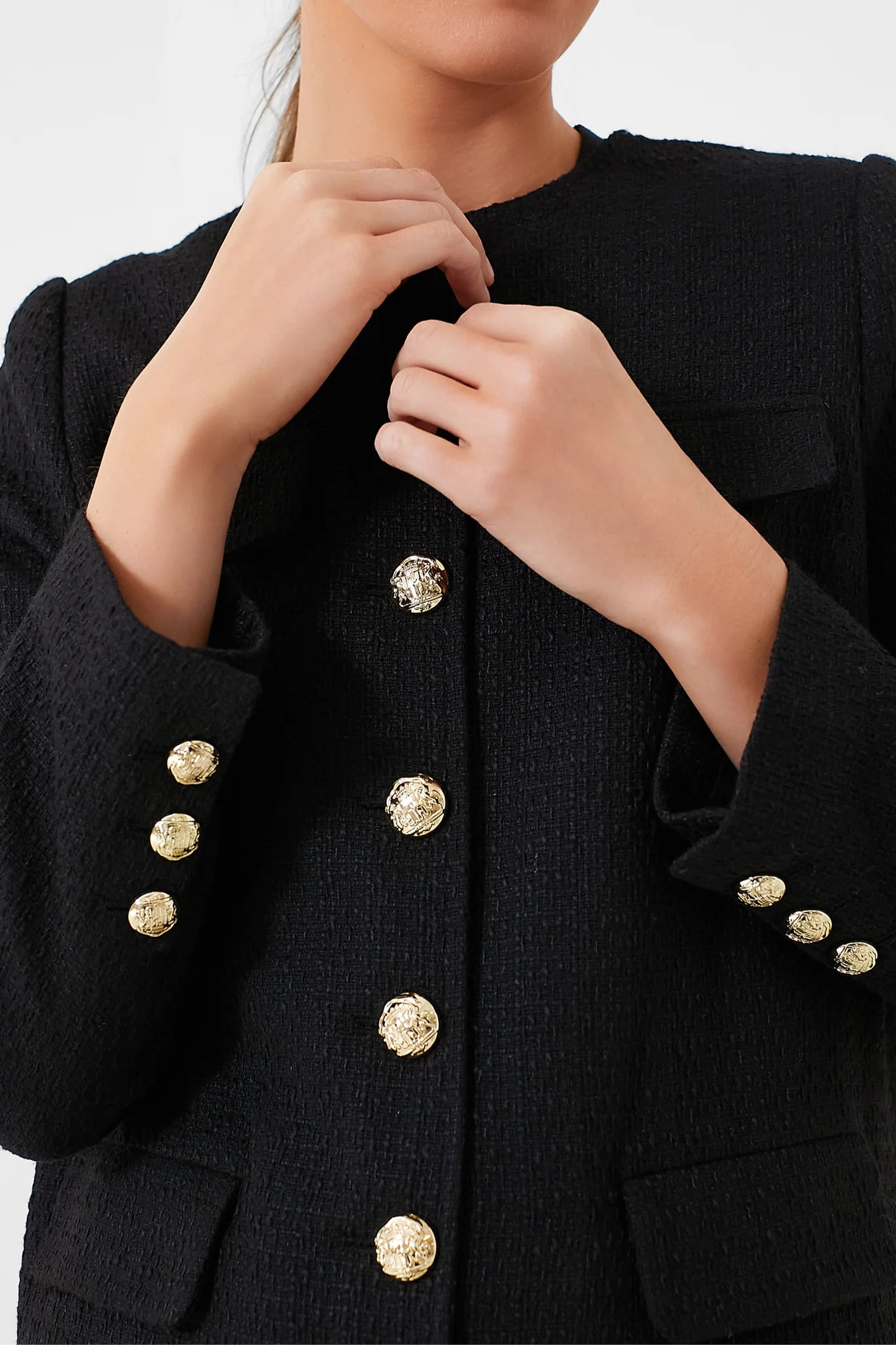 Tweed lady jacket under $150! Great price! ✨ Tweed jacket with gold buttons Chanel inspired jackets black jacket winter outfit 

#LTKfindsunder50 #LTKfindsunder100 #LTKsalealert