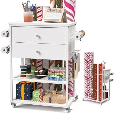 𝗬𝘂𝗺𝗸𝗳𝗼𝗶 Wrapping Paper Storage Cart, Rolling Gift Wrap Station with Ribbon a... | Amazon (US)