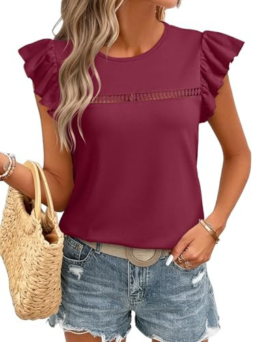 JUSTFASHIONNOW Short Sleeve Red Shirts for Women Ruffle Blouses Dressy Cute Summer Tops Hollow Out Crewneck Tshirts Fashion Clothes(Wine Red,Small) | Amazon (US)
