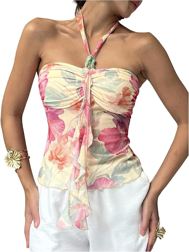 MakeMeChic Women's Floral Halter Tops Tie Backless Ruched Fitted Summer Tank | Amazon (US)
