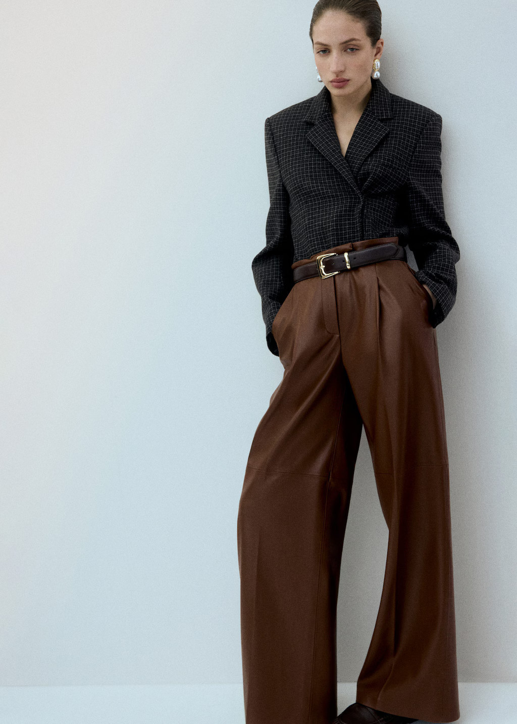 Wide-leg faux-leather trousers medium brown - Woman - 10 - MANGO | MANGO (UK)