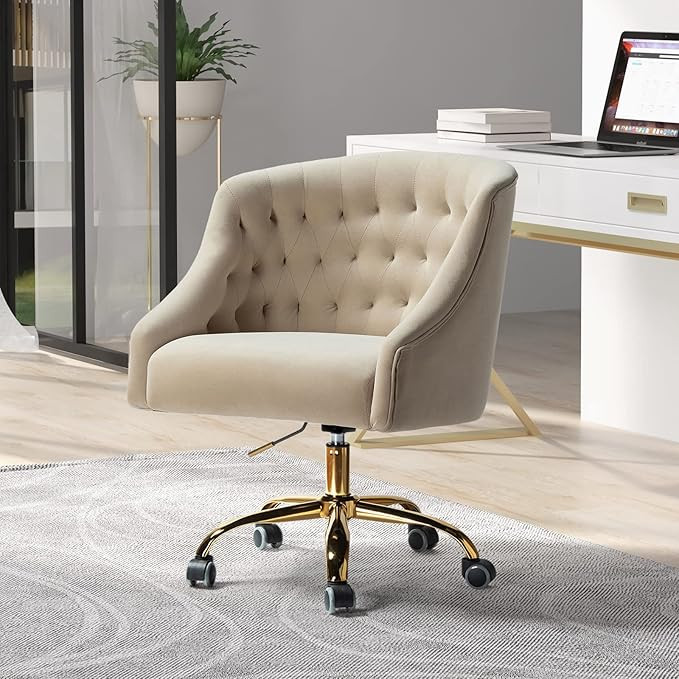 Velvet Home Office Chair with Gold Base, Comfortable Modern Cute Desk Chair, Adjustable Swivel Ta... | Amazon (US)