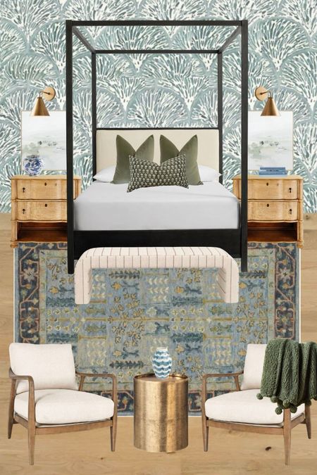 A moody, but bright bedroom design that incorporates warm tones and fun pattern. Sophisticated, but so fun. I love blue and green wallpaper and pairing that with wood nightstands and brass sconces  

#LTKstyletip #LTKhome #LTKsalealert