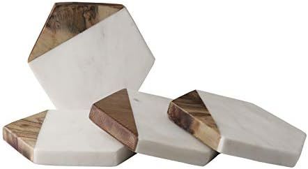 GoCraft Marble & Wood Coasters | Handcrafted Geometric White Marble Coasters with Mango Wood for ... | Amazon (US)