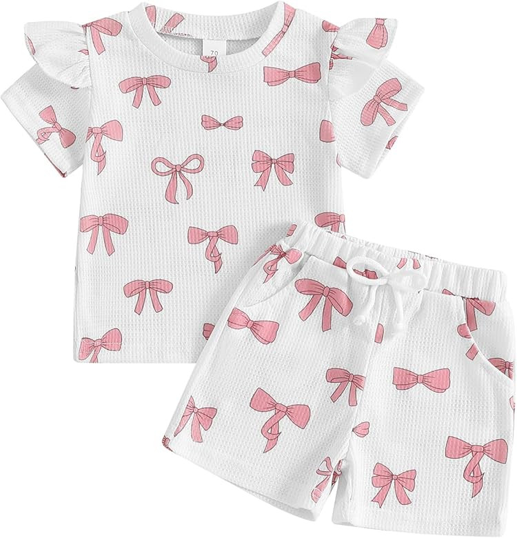 NZNDSHD Toddler Baby Girl Clothes Summer Bow Print Short Sleeve T-Shirt Tops Pockets Shorts Set W... | Amazon (US)