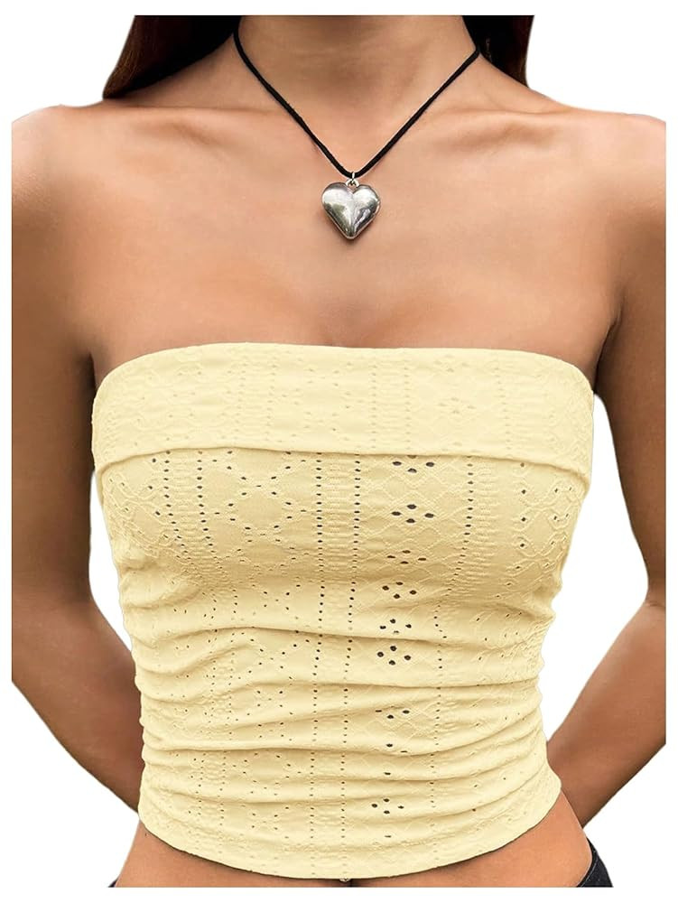 OYOANGLE Women's Eyelet Embroidered Tube Top Strapless Ruched Slim Fit Y2K Crop Bandeau Tops | Amazon (US)