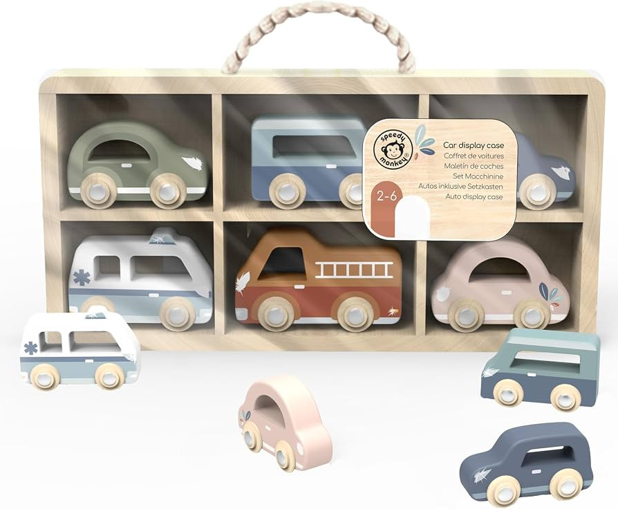 SPEEDY MONKEY Set of 6 Little Toy Cars & Wooden Case | For Boys & Girls 24m+ | Vibrant Colours, S... | Amazon (UK)