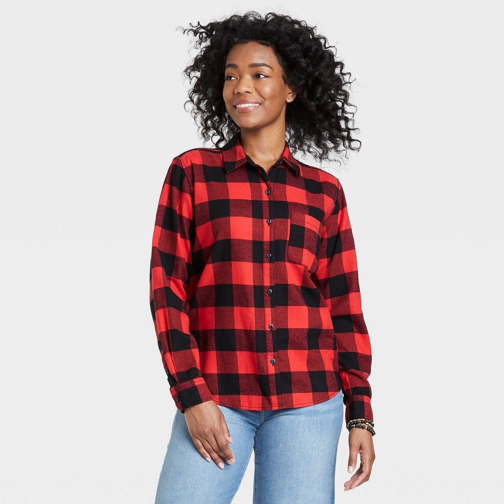 Women's Long Sleeve Flannel Button-Down Shirt - Universal Thread Red Plaid M | Target