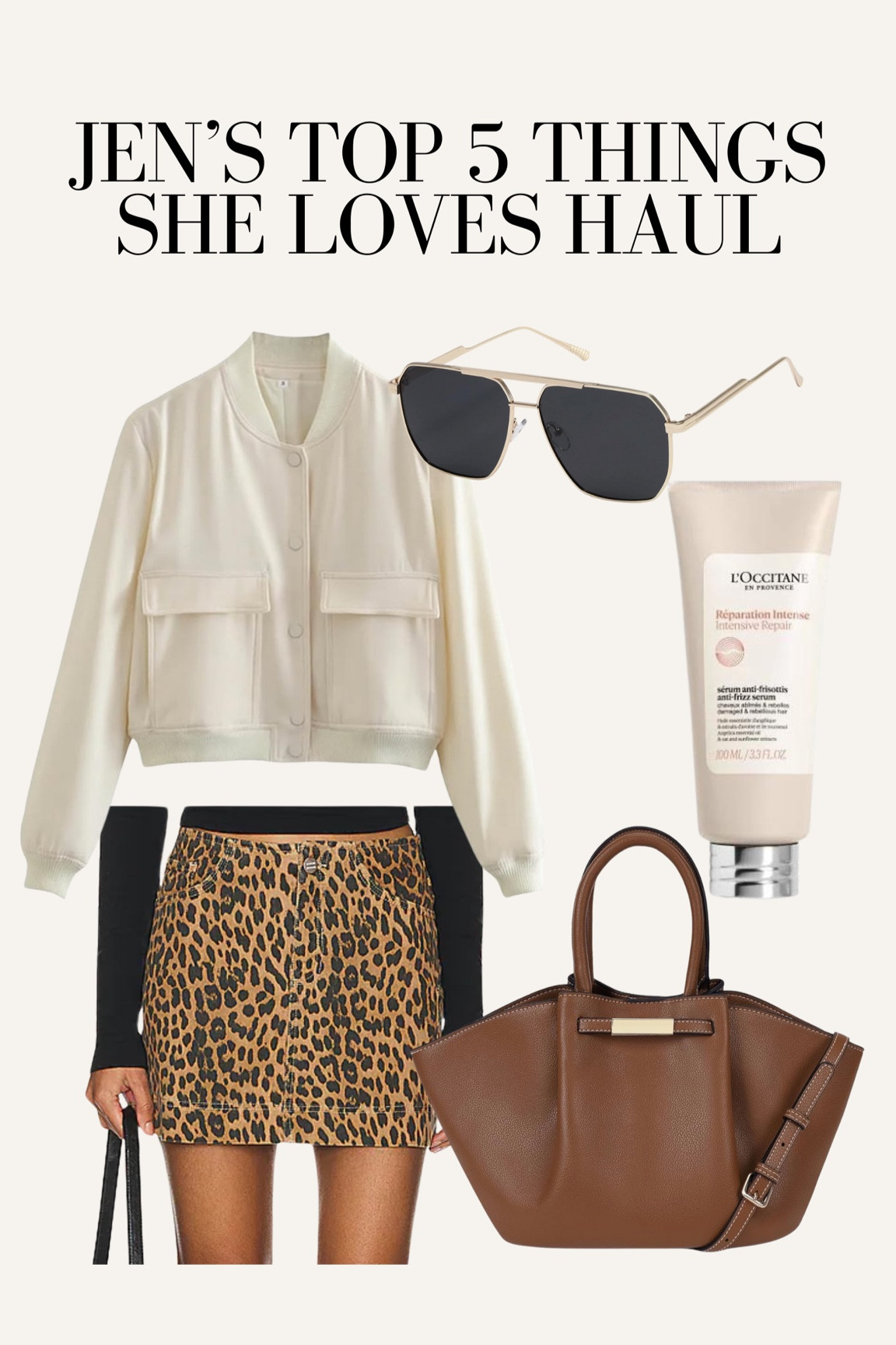 Jen’s favorite things! Leopard mini dress, brown Amazon bag, Amazon sunglasses, hair serum, white bomber jacket

#LTKFindsUnder100 #LTKStyleTip