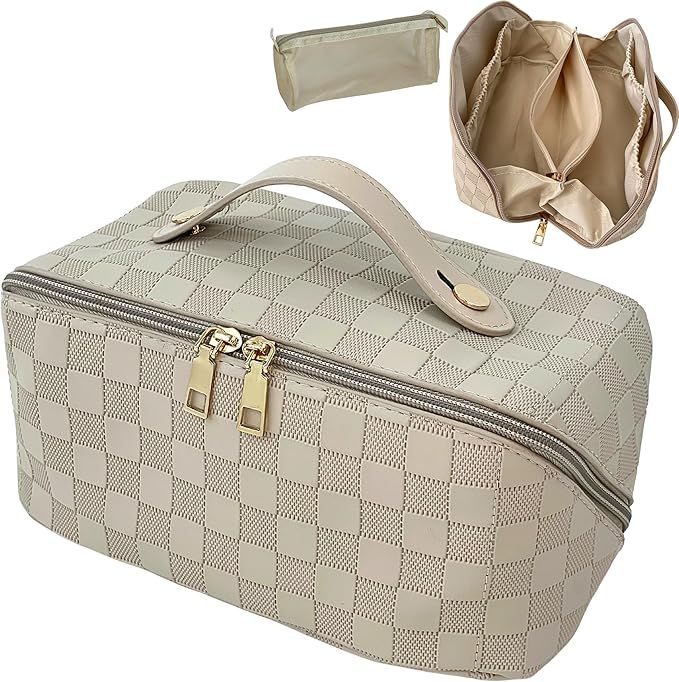 Large Capacity Travel Cosmetic Bag - Makeup Bag Opens Flat for Easy Access - Leather Waterproof P... | Amazon (US)