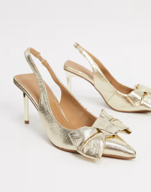 ASOS DESIGN Soul bow slingback mid heels in gold | ASOS (Global)