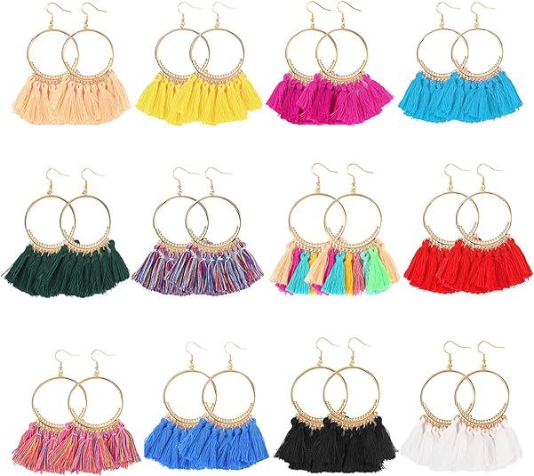 LANTAI 9-12 Pairs Bohemian Tassel Earrings Set-Trendy Colorful Fringe Summer Beach Statement Earr... | Amazon (US)
