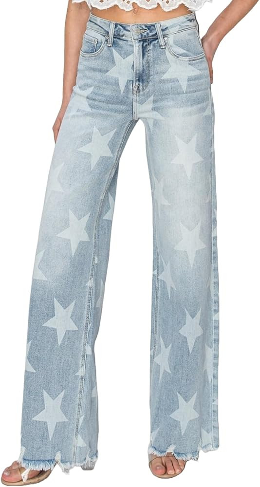 Risen Women's Raw Hem Star Wide Leg Jeans | Amazon (US)