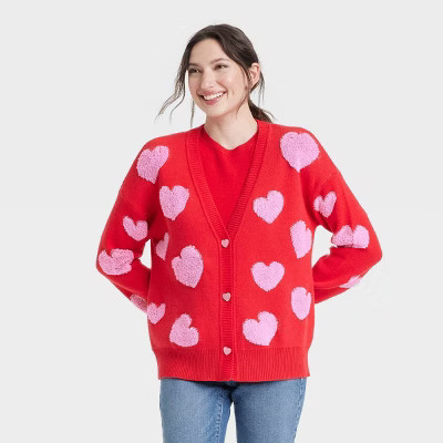 Women's Valentine's Day Pink Hearts Graphic Cardigan - Red | Target
