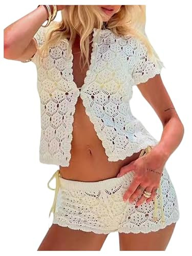 Amazon.com: GORGLITTER Women's Crochet Short Sets Short Sleeve Button Down Cardigan Top and Short... | Amazon (US)