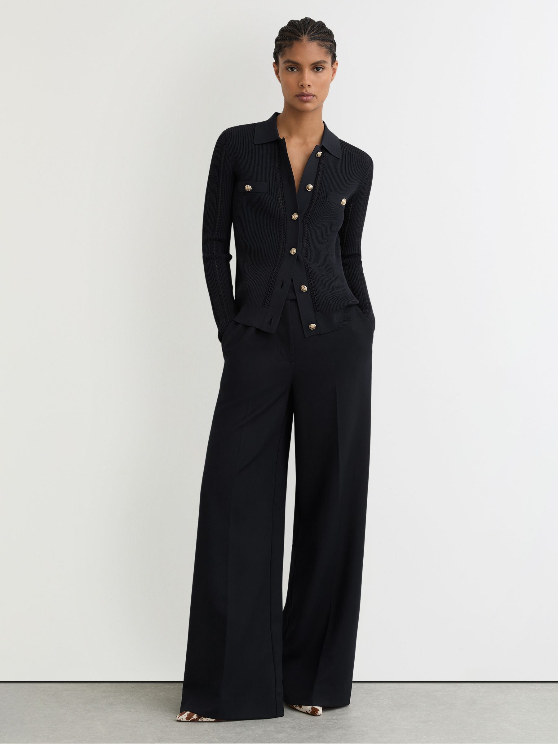 Reiss Button-Through Knitted Top with Collar in Navy - REISS | Reiss UK