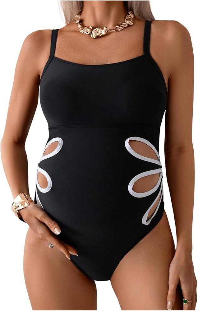 OYOANGLE Women's Maternity One Piece Swimsuits Cut Out Spaghetti Strap Pregnancy Bathing Suits Sw... | Amazon (US)