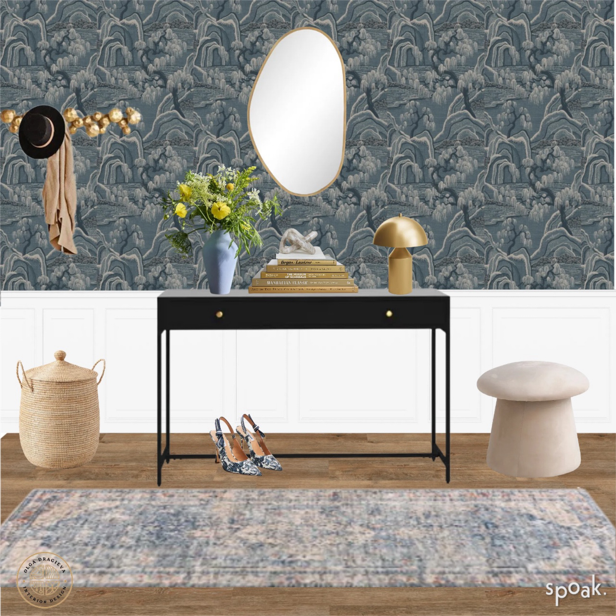 Gorgeous entryway design inspiration/moodboard! Black console table, affordable mushroom storage ottoman, basket for extra blankets/hats, gold mushroom table lamp, beautiful floral wallpaper, curvy mirror and a blue vase, gorgeous hooks for your jackets and coats. 

#LTKSaleAlert #LTKHome #LTKSeasonal