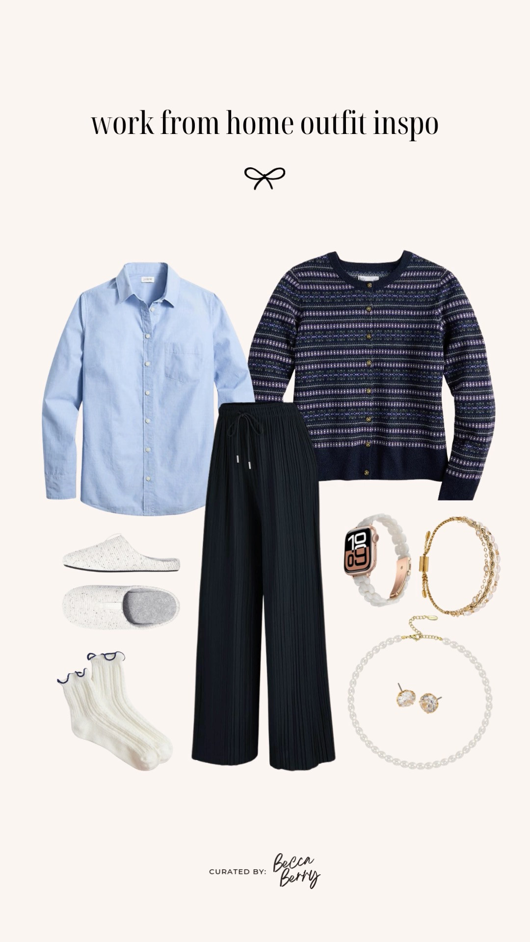 WFH Outfit Idea — Classic Layers with a Cozy Twist

A classic-meets-cozy WFH outfit idea. An oxford button-up layered under a vintage-inspired cardigan or Fair Isle sweater gives this look structure, while pleated navy pants keep it comfortable and relaxed. Perfect for days with meetings when you want to look polished but still feel cozy at home.

Pearl accessories and ruffle socks add a soft, feminine touch.

Key Pieces:
Button-up shirt · Knit cardigan · Pleated pants · Cozy socks

#LTKootd #LTKMidsize #LTKHoliday