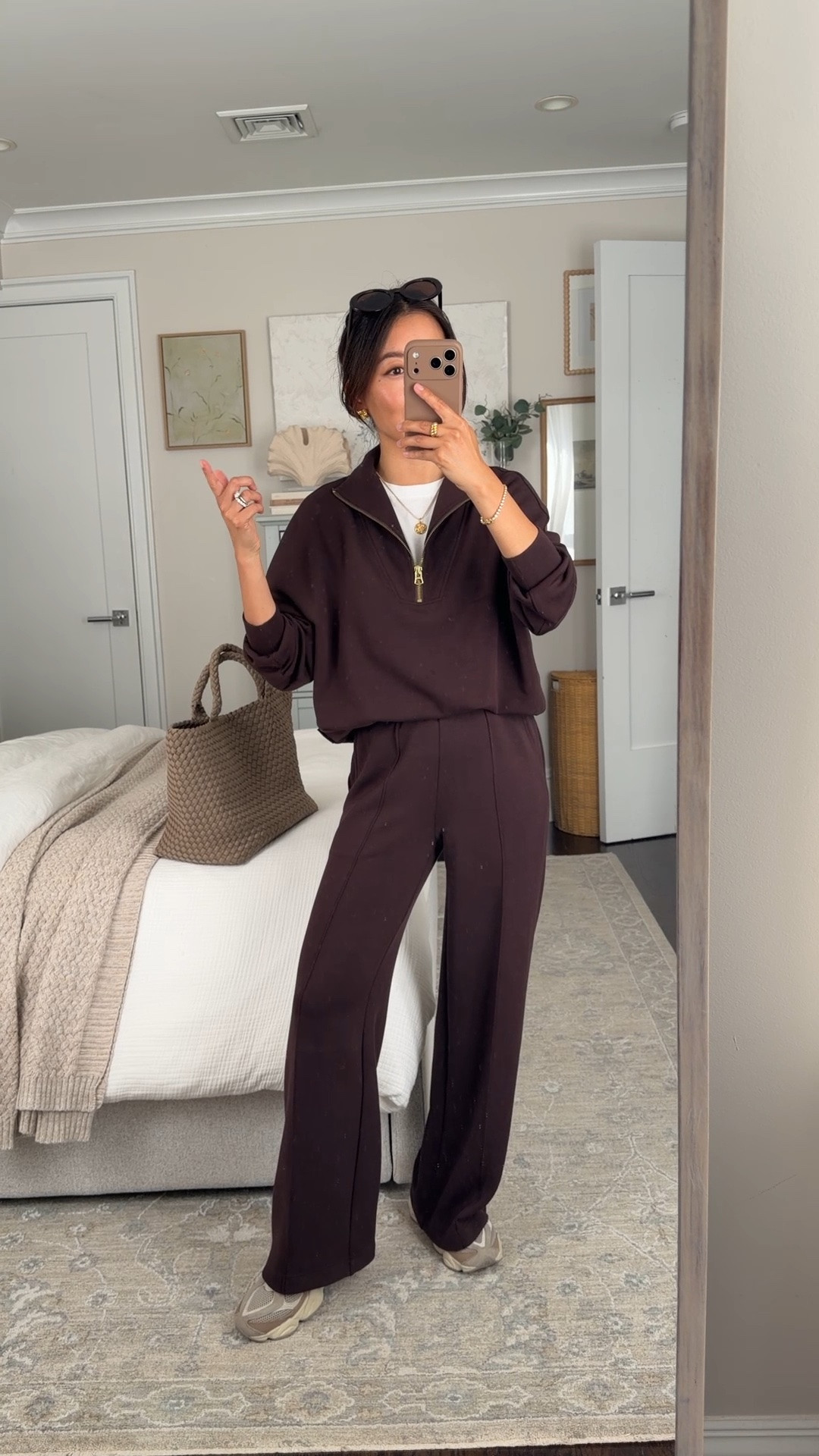 Size info below! 
• Hawley sweatshirt xxs - so soft and luxe feeling 
• Wide leg pants 28" inseam xxs - sleek, elevated, soft and comfortable
I also have jogger bottoms in 25”  which are very petite friendly 
• everlane box tee XS lightweight and nice for layering 
• Naghedi medium tote in Cashmere 
• New Balance 9060 sneakers kids size 4, fits like a women’s 6 

Athleisure outfit, travel outfit, petite friendly, matching set

#LTKPetite #LTKTravel #LTKmomlife
