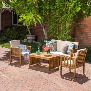 Noble House Carolina Brown 4-Piece Wood Patio Conversation Set with Beige Cushions-9971 - The Hom... | The Home Depot