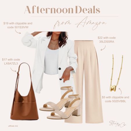 Today’s afternoon deals include a blazer, trouser pants, a tote bag, initial necklace, and heeled sandals. Be sure to clip the coupons and use the discount codes on the image  

Ootd, Amazon fashion, deal of the day, business outfit, Office outfit 

#LTKsalealert #LTKfindsunder50 #LTKstyletip