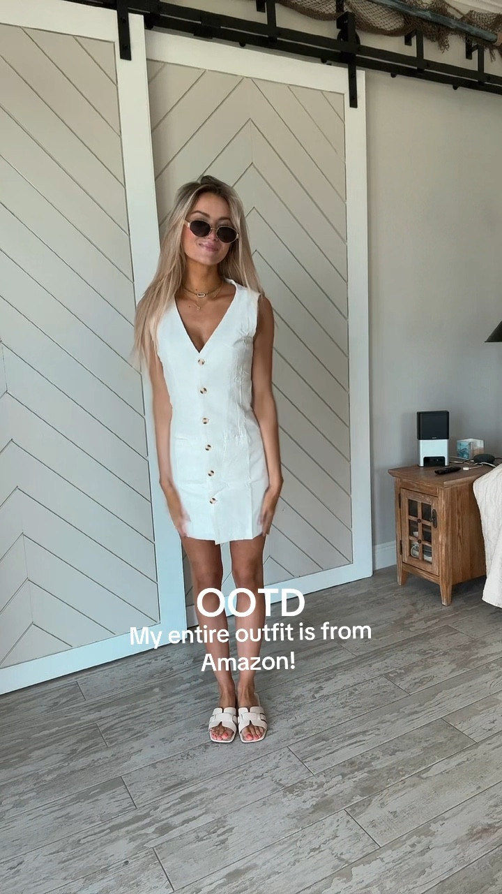 Can you believe my entire outfit is from Amazon? I’m loving this neutral cotton linen button up vest mini dress (comes in so many colors but I love the white, black, and cream / off white) + designer dupe sandals + the viral retro gold trim Amazon sunglasses ! 

#LTKVideo #LTKFindsUnder50 #LTKBacktoSchool
