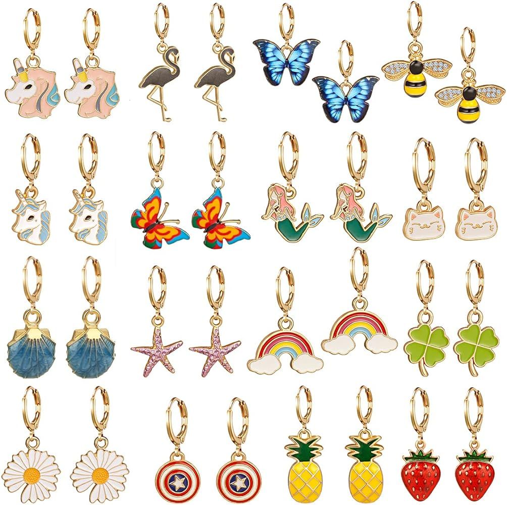 16 Pairs Girls Hypoallergenic Huggie Hoop Earrings with Charm Cute Small Dangle Hoop Earrings Set | Amazon (US)