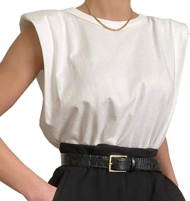 Women's Shoulder Pad Loose Sleeveless Blouse Shirts Tank Tops | Amazon (US)