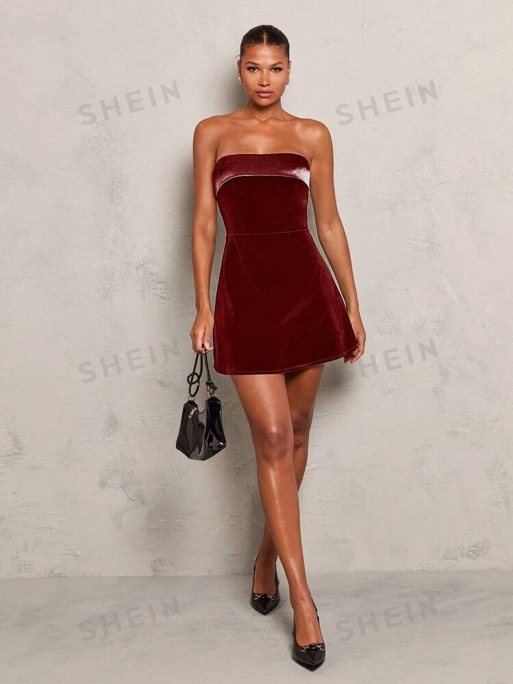 Glamine Women's Elegant Slim-Fit Straight-Neck Velvet Mini Dress, Warm For New Year Holiday Party... | SHEIN