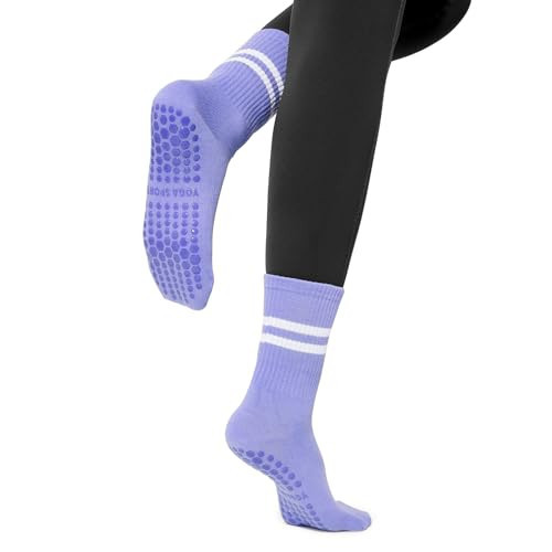 Pilates Socks with Grips for Women Barre Socks Grip Yoga Socks Grippy Crew Socks for Women Striped Tube Socks 1 Pair - Purple 5-9 | Amazon (US)
