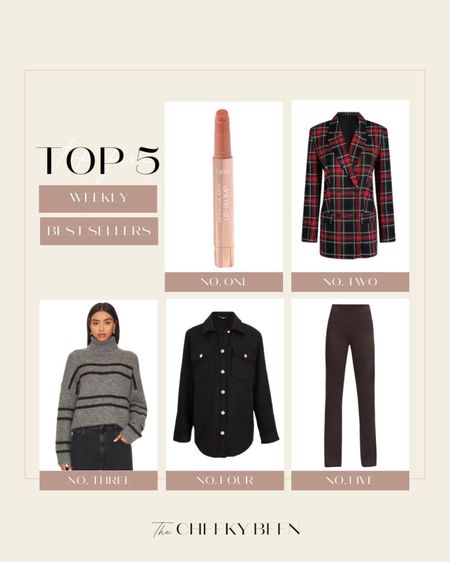 Top 5 weekly best sellers. I love this Tarte plumping Juicy Lip, would make a great stocking stuffer. This Express plaid blazer would make the perfect holiday workwear look. Cozy striped sweater from Revolve and tweed shacket from Express. My new favorite Lululemon mini flare leggings! 

#LTKHoliday #LTKstyletip #LTKSeasonal