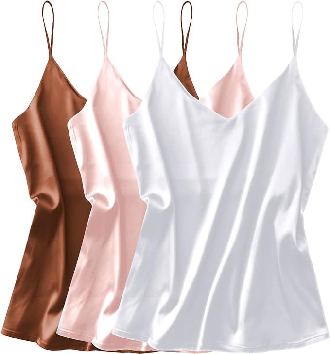 Ekouaer 3 Pack: Womens Silk Satin Tank Top V Neck Camisole Cami Spaghetti Strap Top Loose Sleevel... | Amazon (US)