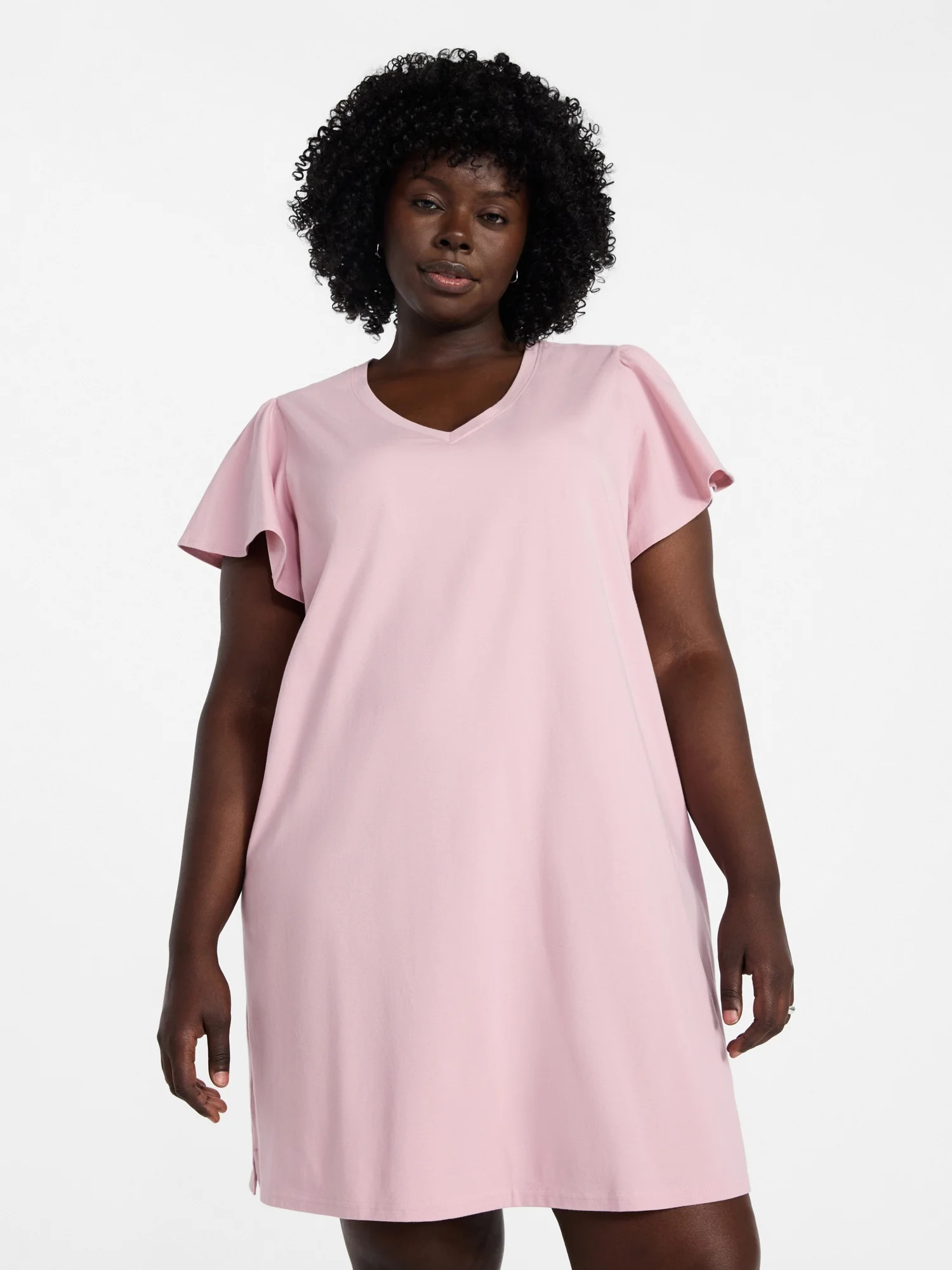 Terra & Sky Women's Plus Size V Neck Tee Dress with Flutter Sleeves, Size 0X-5X | Walmart (US)
