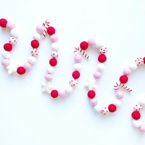 Christmas Felt Ball Garland | Red and Pink Christmas Decorations | Pink Christmas | Candy Cane Ga... | Etsy (US)